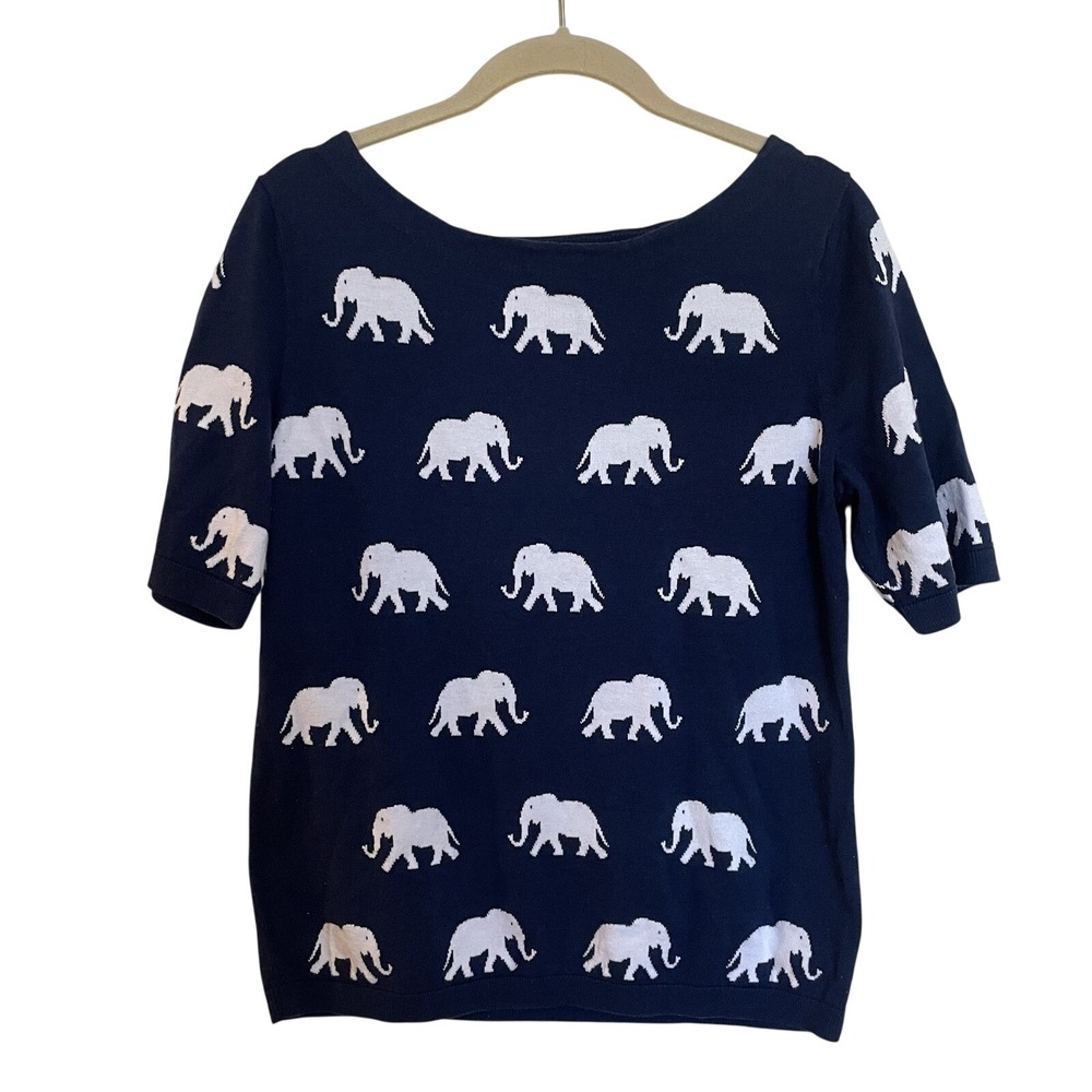 Talbots Womens M Sweater Navy Blue White Elephants Short Sleeve Pullover Classic